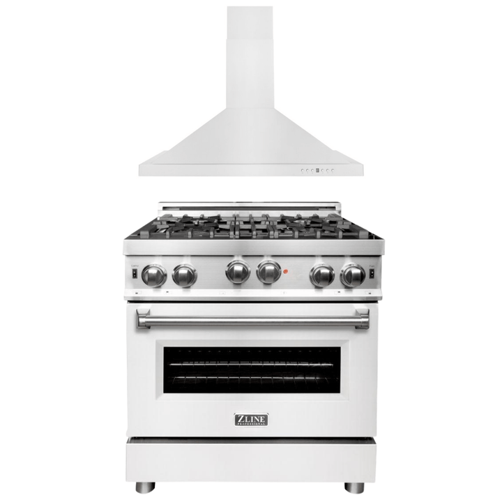 ZLINE 30 in. Gas Range with White Matte Door & 30 in. Range Hood Appliance Package, 2KP-RGWMRH30