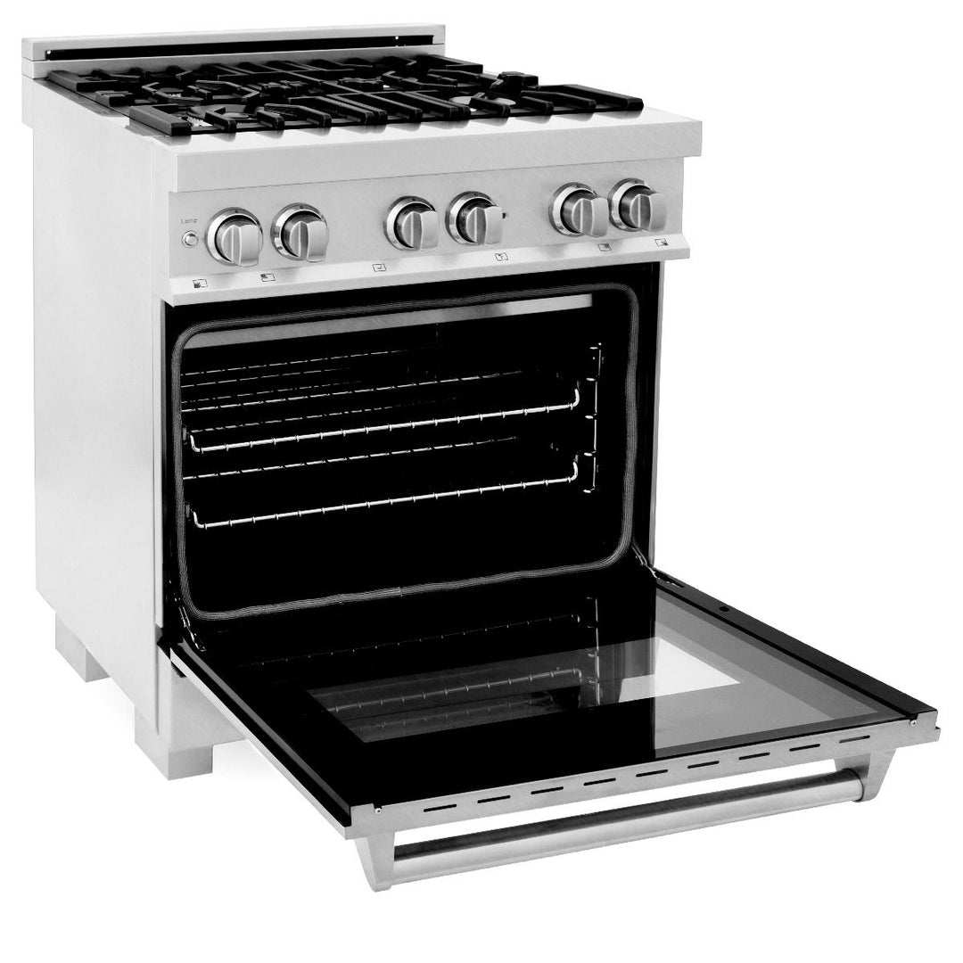 ZLINE 30 in. Kitchen Appliance Package with DuraSnow® Stainless Dual Fuel Range, Ducted Vent Range Hood and Tall Tub Dishwasher, 3KP-RASRH30-DWV