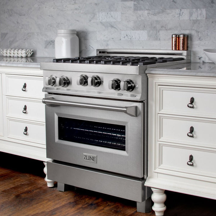 ZLINE 30 in. Kitchen Appliance Package with DuraSnow® Stainless Steel Gas Range, Ducted Range Hood and Dishwasher, 3KP-RGSRH30-DW