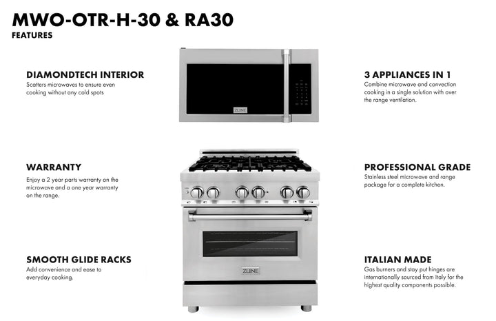 ZLINE 30 in. Kitchen Package Stainless Steel Dual Fuel Range and Over The Range Microwave with Traditional Handle (2KP-RAOTRH30)