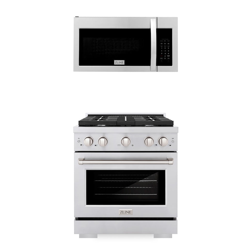 ZLINE 30 in. Kitchen Package Stainless Steel Gas Range and Over The Range Microwave with Modern Handle