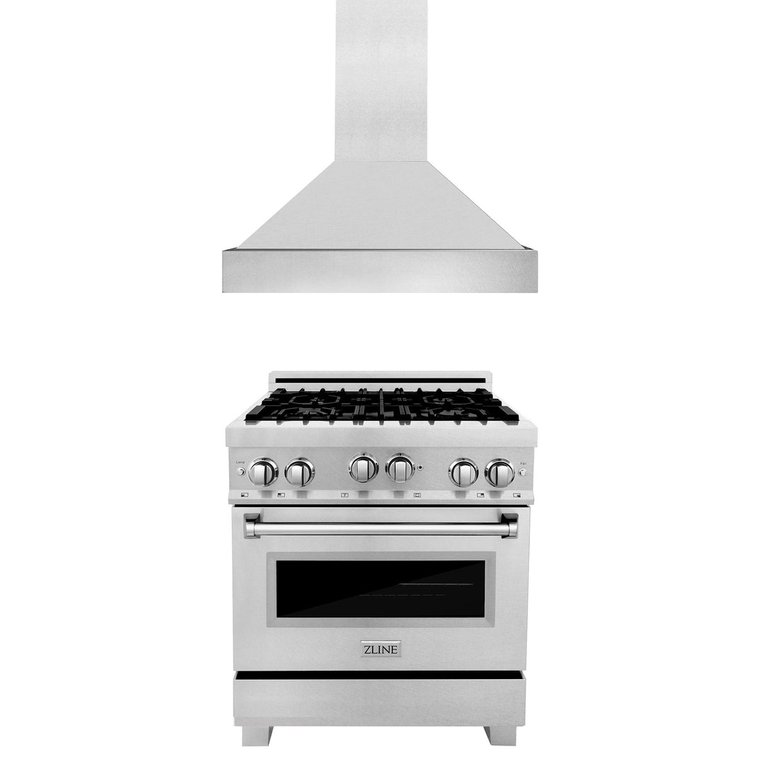 ZLINE 30 in. Kitchen Package with Satin Stainless Steel Gas Range and Convertible Vent Range Hood (2KP-RGSSNRH30)