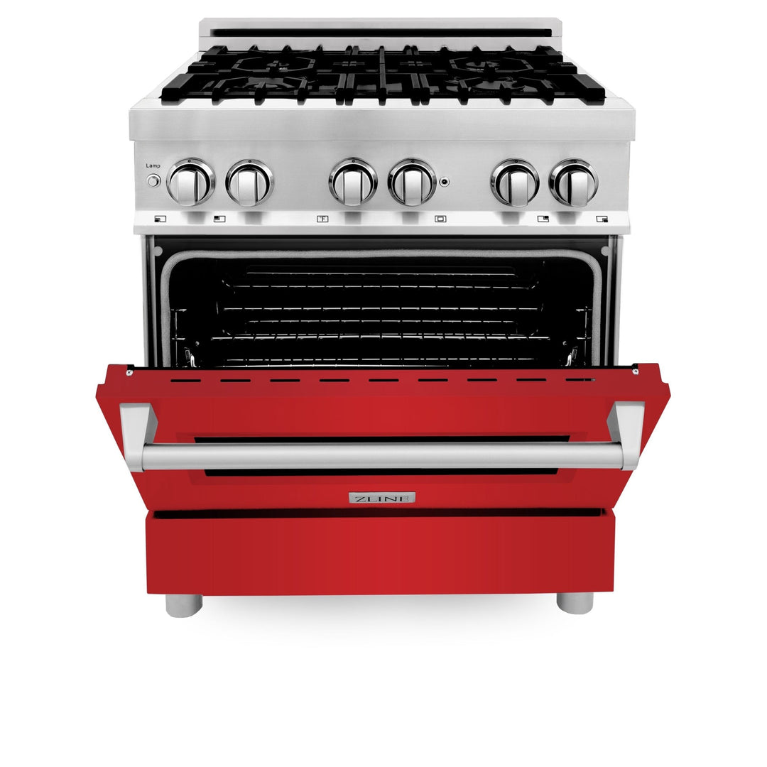 ZLINE 30 in. Kitchen Package with ZLINE Satin Stainless Steel Dual Fuel Range with Red Matte Door and Convertible Vent Range Hood (2KP-RARMRH30)