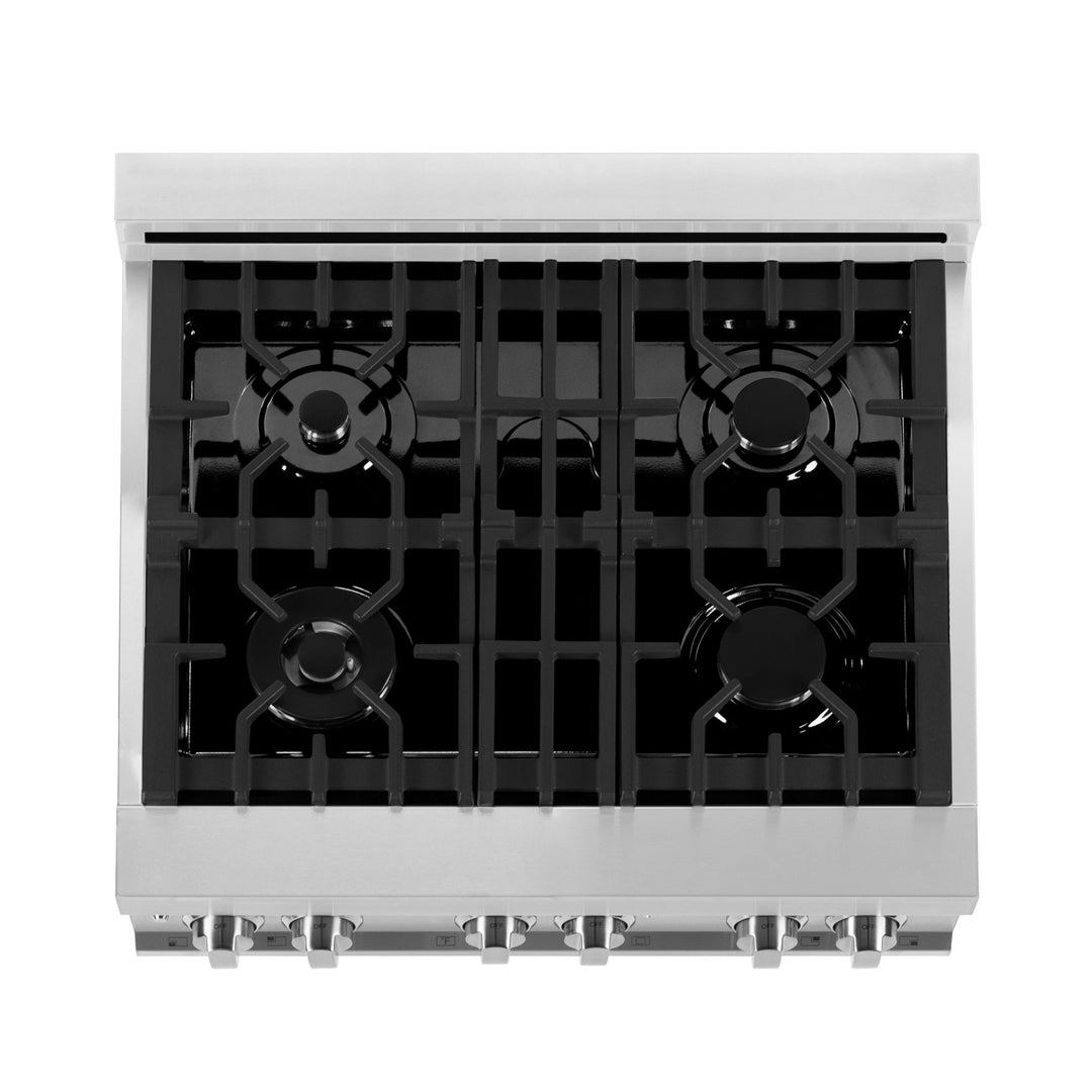 ZLINE 30 in. Kitchen Package with ZLINE Satin Stainless Steel Dual Fuel Range with Red Matte Door and Convertible Vent Range Hood (2KP-RARMRH30)