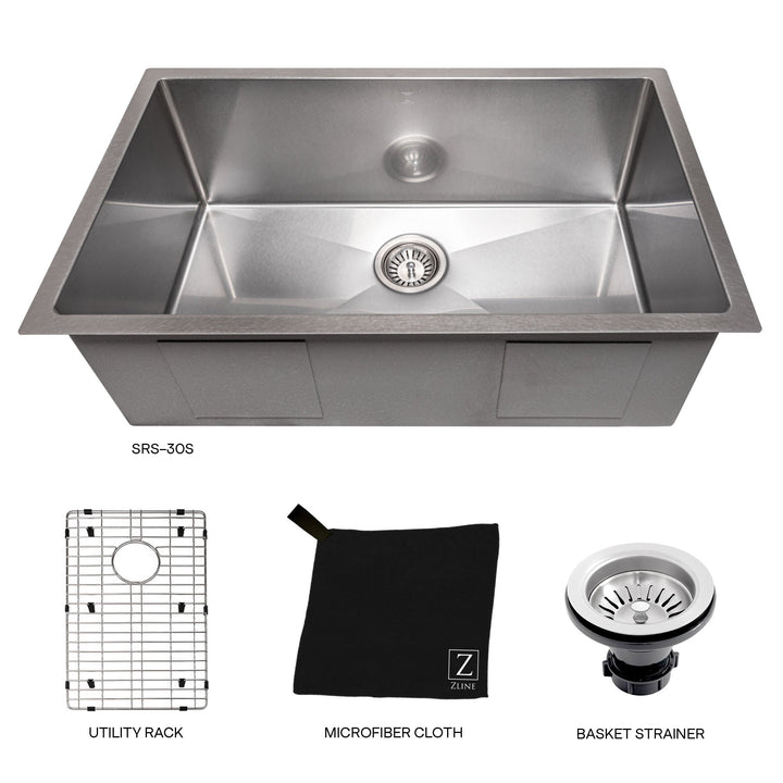 ZLINE 30 in. Meribel Undermount Single Bowl Satin Stainless Steel Kitchen Sink with Bottom Grid (SRS-30S)