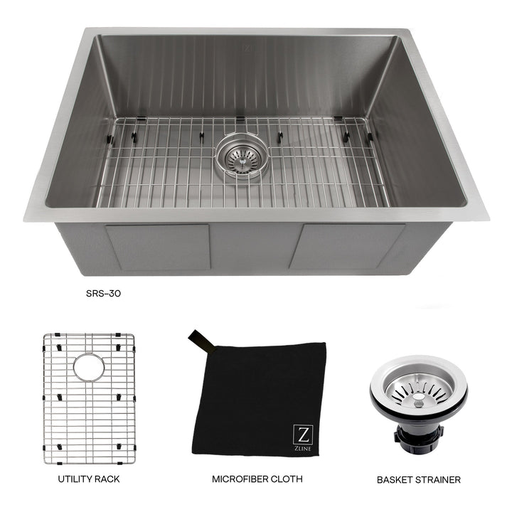 ZLINE 30 in. Meribel Undermount Single Bowl Stainless Steel Kitchen Sink with Bottom Grid (SRS-30)