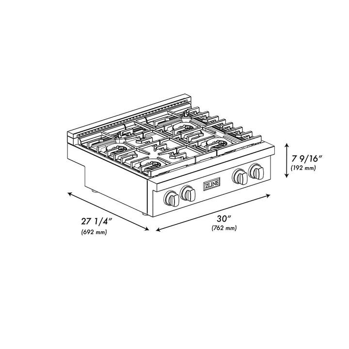 ZLINE 30 in. Paramount Gas Rangetop with 4 Burner DuoProâ„¢ Cooktop in Black Satin Stainless Steel (PSRTBS-30)
