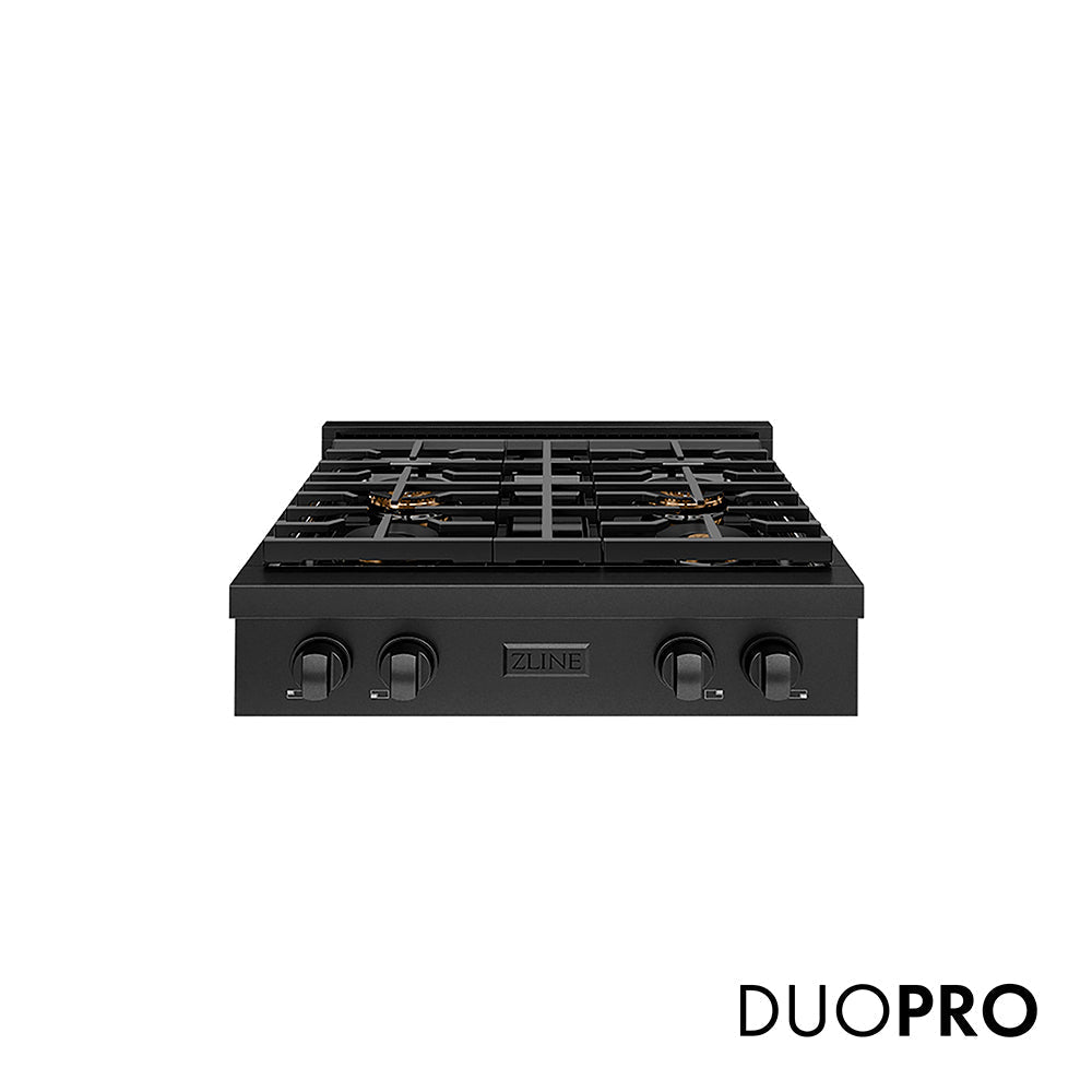 ZLINE 30 in. Paramount Gas Rangetop with 4 Burner DuoProâ„¢ Cooktop in Black Stainless Steel (PSRTB-30)