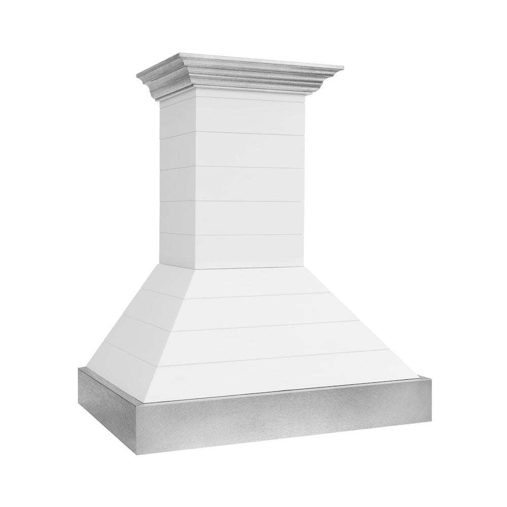ZLINE 30 in. Wooden Wall Mount Range Hood in Rustic Shiplap Bright White Finish with Stainless Steel Accents (365WW-30)