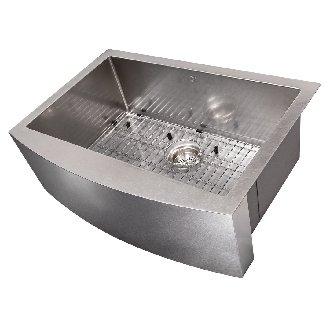 ZLINE 30 in. Zermatt Farmhouse Apron Mount Single Bowl Satin Stainless Steel Kitchen Sink with Bottom Grid (SAS-30S)