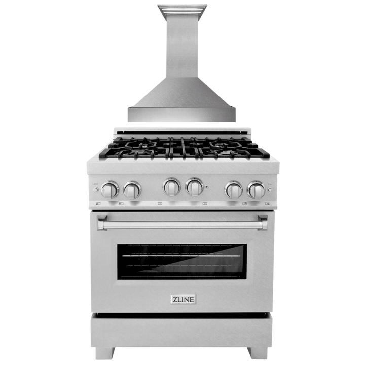 ZLINE 30" Professional Gas Range in DuraSnow® Stainless Steel & 30" Range Hood Appliance Package, 2KP-RGSSNRH30