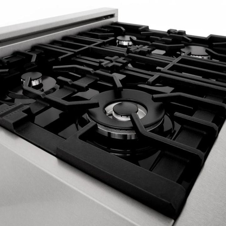 ZLINE 30" Professional Gas Range in DuraSnow® with Blue Gloss Door & 30" Range Hood Appliance Package, 2KP-RGSBGRH30