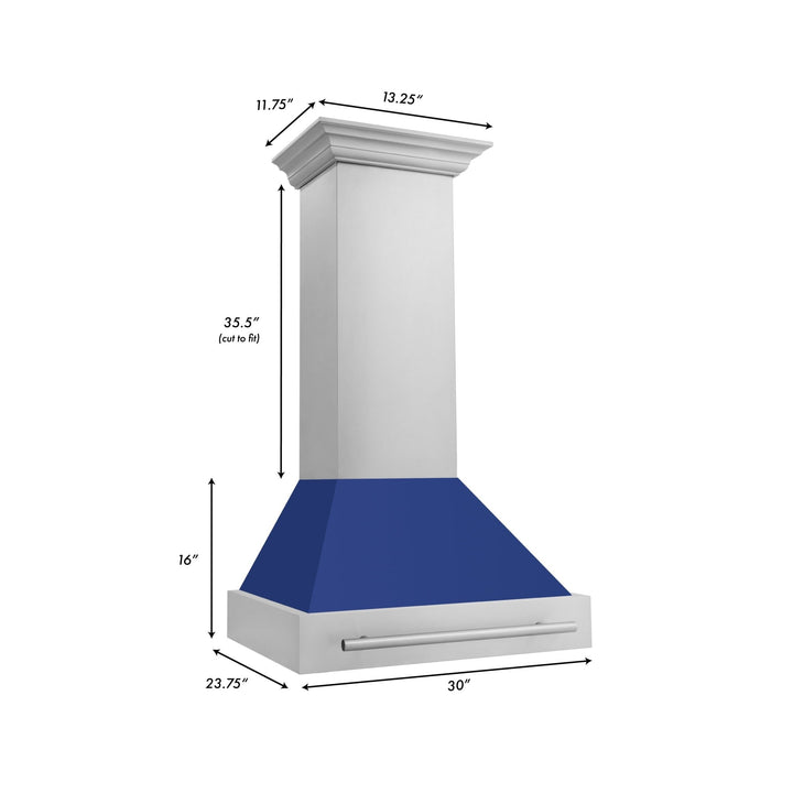 ZLINE 30" Stainless Steel Range Hood with Blue Matte Shell and Stainless Steel Handle (8654STX-BM-30)