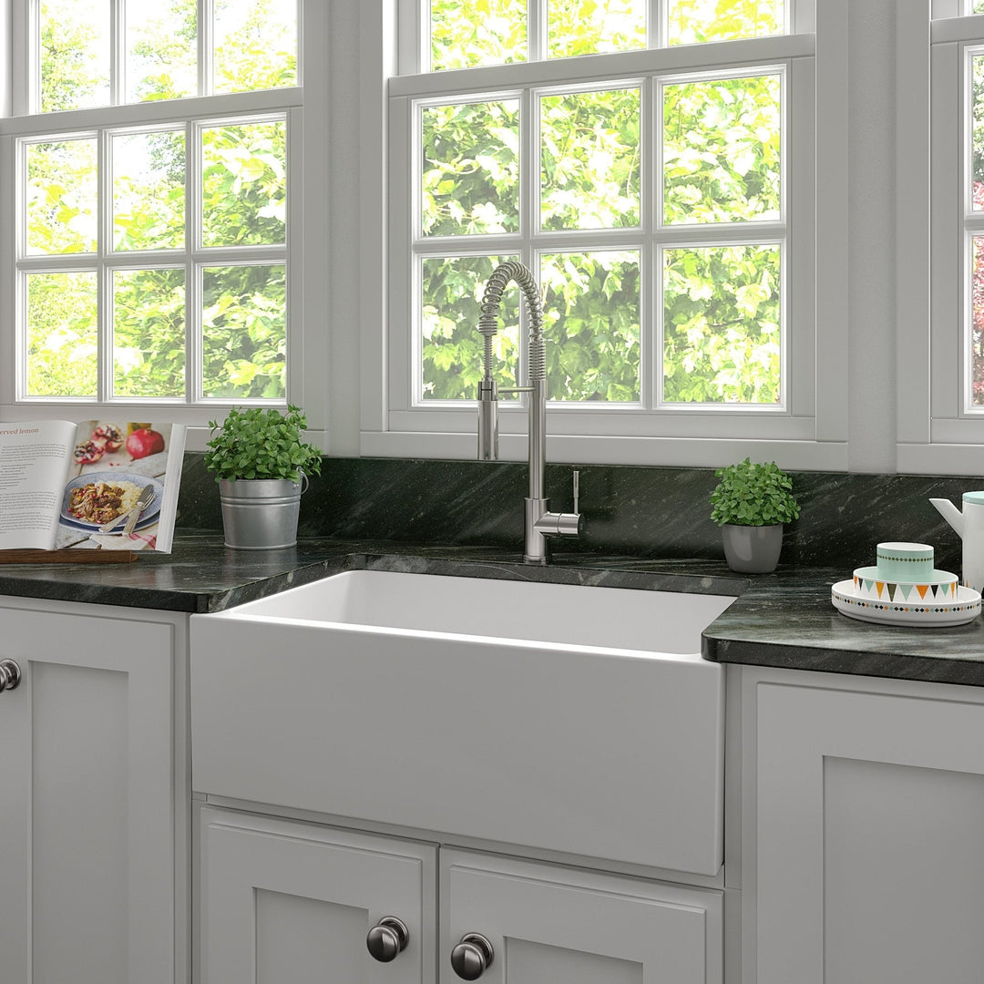 ZLINE 30 in. Venice Farmhouse Apron Front Reversible Single Bowl Fireclay Kitchen Sink with Bottom Grid in White Gloss (FRC5119-WH-30)
