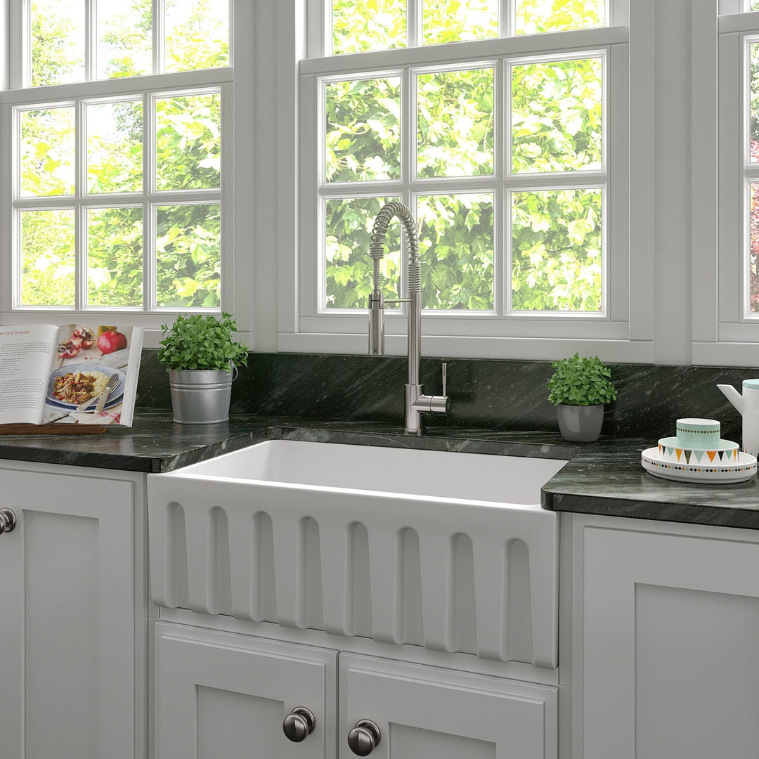 ZLINE 30 in. Venice Farmhouse Apron Front Reversible Single Bowl Fireclay Kitchen Sink with Bottom Grid in White Gloss (FRC5119-WH-30)