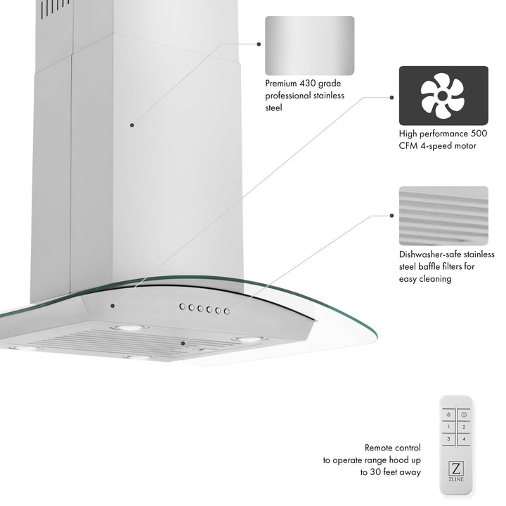 ZLINE 30â€ Alpine Series Convertible Island Mount Range Hood in Stainless Steel with Remote Control, LED lighting, and Dishwasher-Safe Baffle Filters (ALP70IS-30)