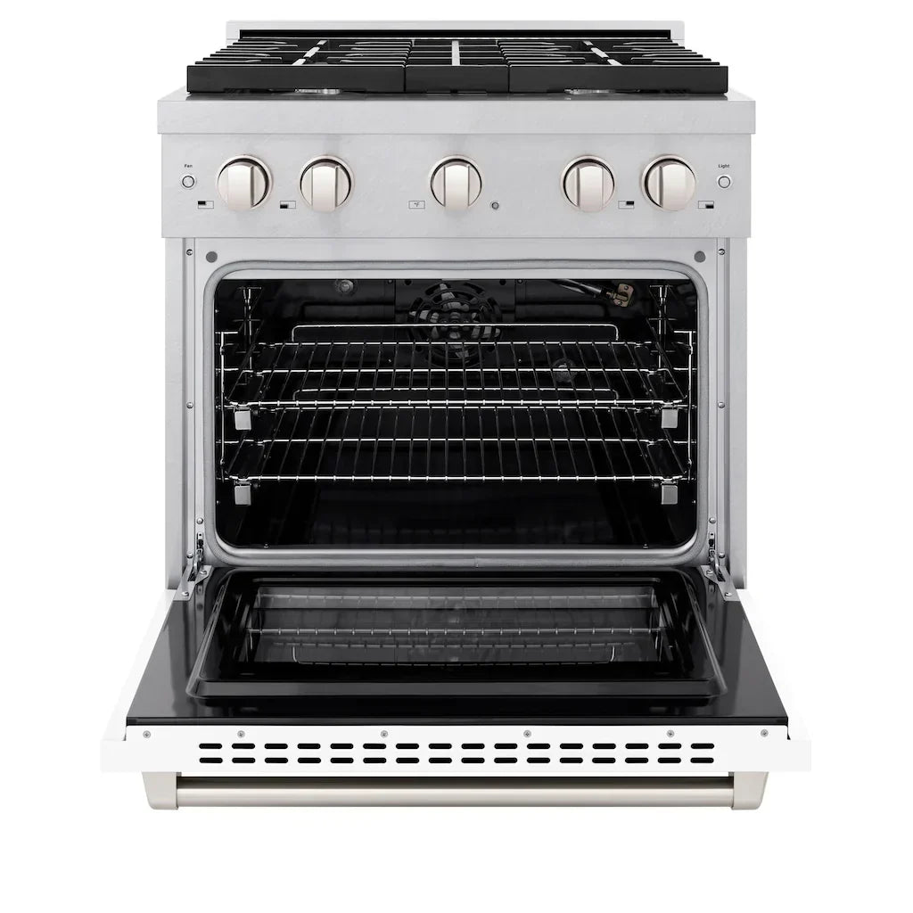 ZLINE Paramount 30" 4.2 cu. ft. Gas Range with Convection Oven in DuraSnow® Stainless Steel with White Matte Door, SGRS-WM-30