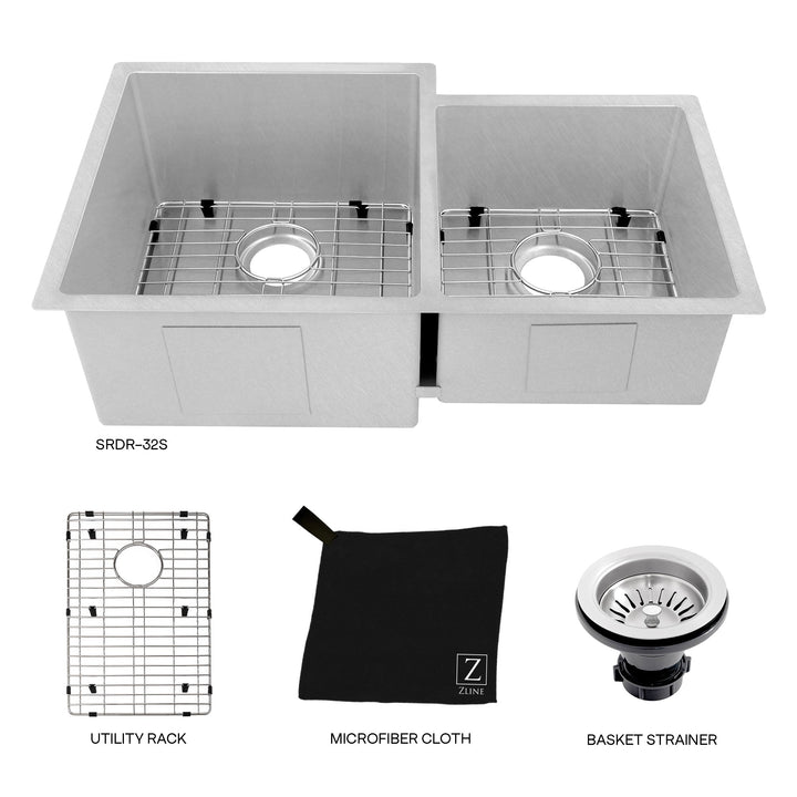 ZLINE 32 in. Jackson Undermount Double Bowl Satin Stainless Steel Kitchen Sink with Bottom Grid (SRDR-32S)