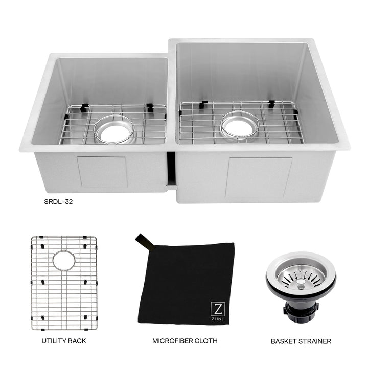 ZLINE 32 in. Jackson Undermount Double Bowl Stainless Steel Kitchen Sink with Bottom Grid (SRDL-32)