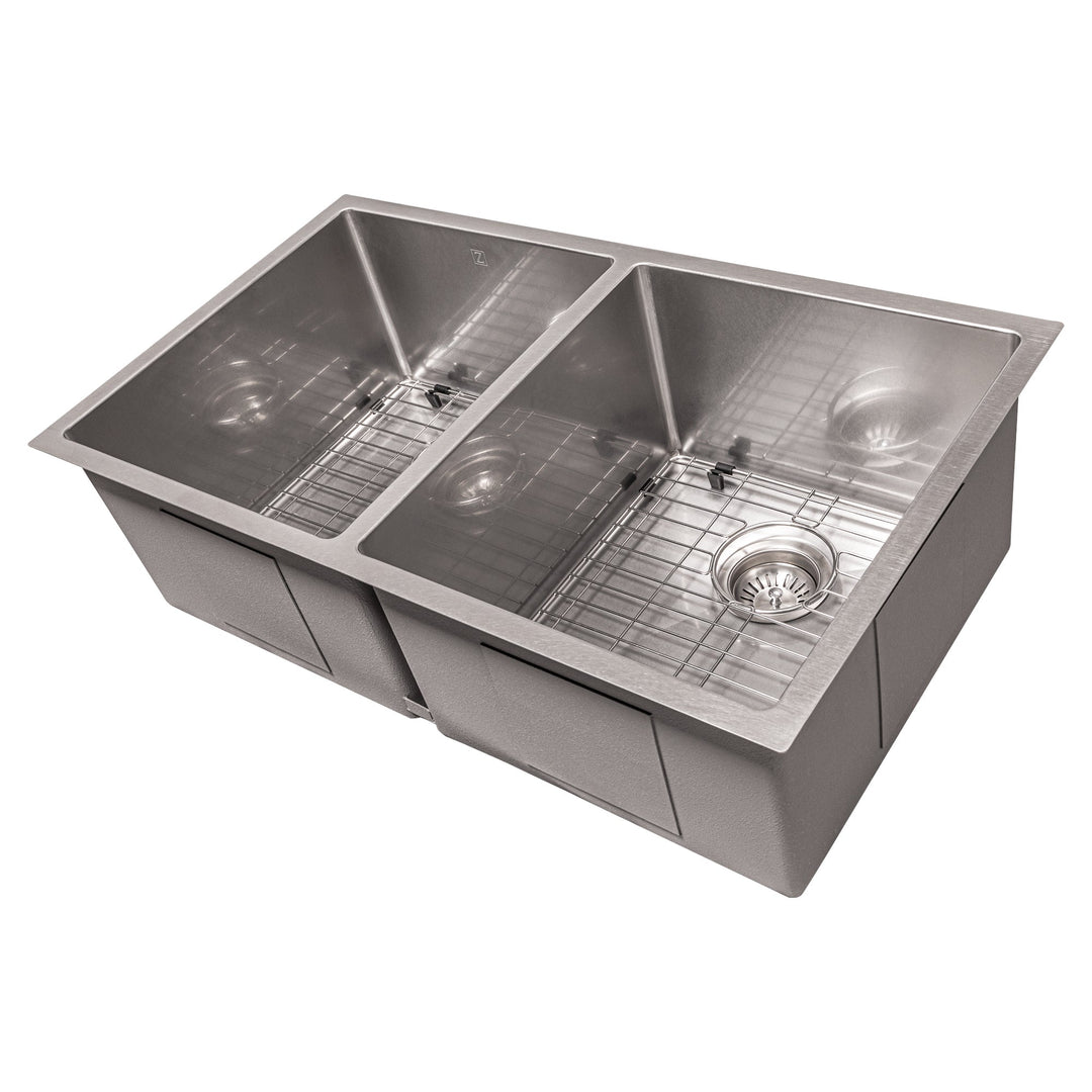 ZLINE 33 in. Anton Undermount Double Bowl Satin Stainless Steel Kitchen Sink with Bottom Grid (SR50D-33S)