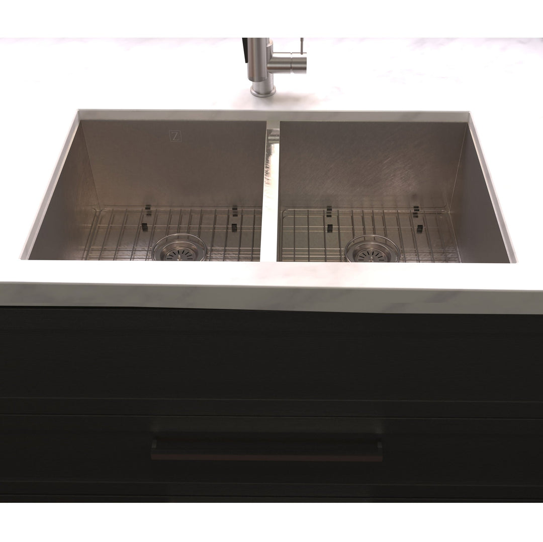 ZLINE 33 in. Anton Undermount Double Bowl Satin Stainless Steel Kitchen Sink with Bottom Grid (SR50D-33S)