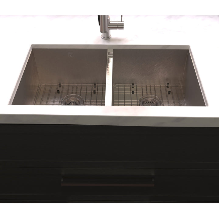 ZLINE 33 in. Anton Undermount Double Bowl Satin Stainless Steel Kitchen Sink with Bottom Grid (SR50D-33S)