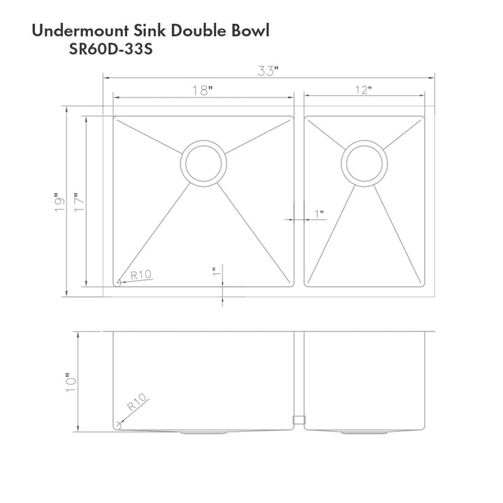 ZLINE 33 in. Chamonix Undermount Double Bowl Satin Stainless Steel Kitchen Sink with Bottom Grid (SR60D-33S)
