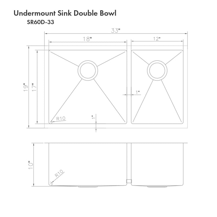 ZLINE 33 in. Chamonix Undermount Double Bowl Stainless Steel Kitchen Sink with Bottom Grid (SR60D-33)