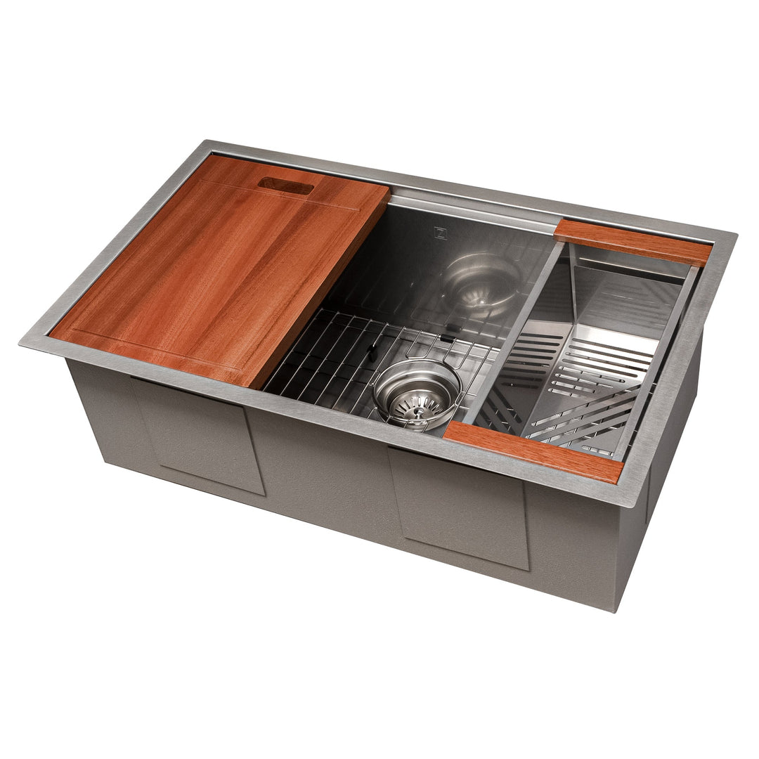 ZLINE 33 in. Garmisch Undermount Single Bowl Satin Stainless Steel Kitchen Sink with Bottom Grid and Accessories (SLS-33S)