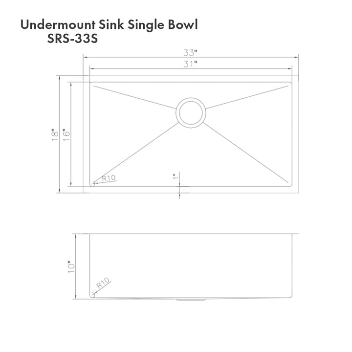 ZLINE 33 in. Meribel Undermount Single Bowl Satin Stainless Steel Kitchen Sink with Bottom Grid (SRS-33S)