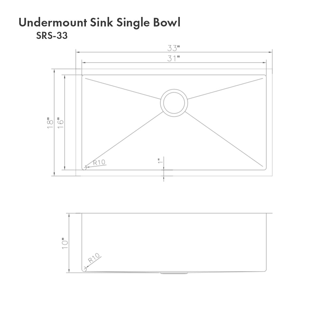 ZLINE 33 in. Meribel Undermount Single Bowl Stainless Steel Kitchen Sink with Bottom Grid (SRS-33)