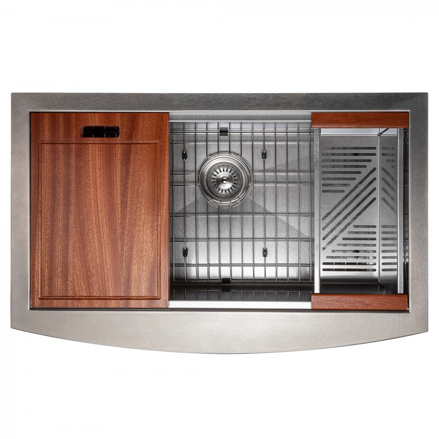 ZLINE 33 in. Moritz Farmhouse Apron Mount Single Bowl DuraSnow® Stainless Steel Kitchen Sink with Bottom Grid and Accessories, SLSAP-33S