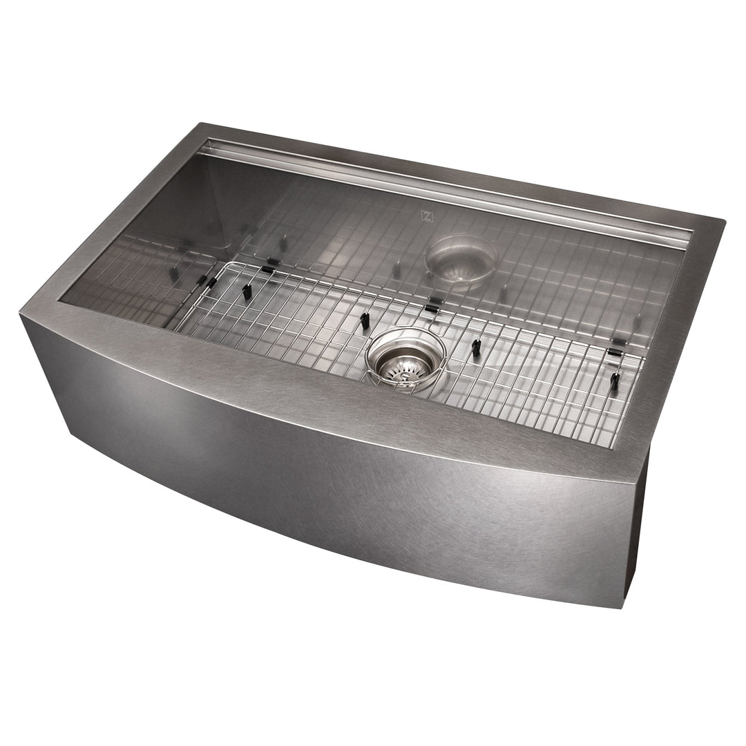 ZLINE 33 in. Moritz Farmhouse Apron Mount Single Bowl Satin Stainless Steel Kitchen Sink with Bottom Grid and Accessories (SLSAP-33S)