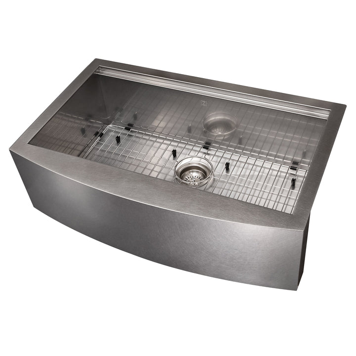 ZLINE 33 in. Moritz Farmhouse Apron Mount Single Bowl Satin Stainless Steel Kitchen Sink with Bottom Grid and Accessories (SLSAP-33S)