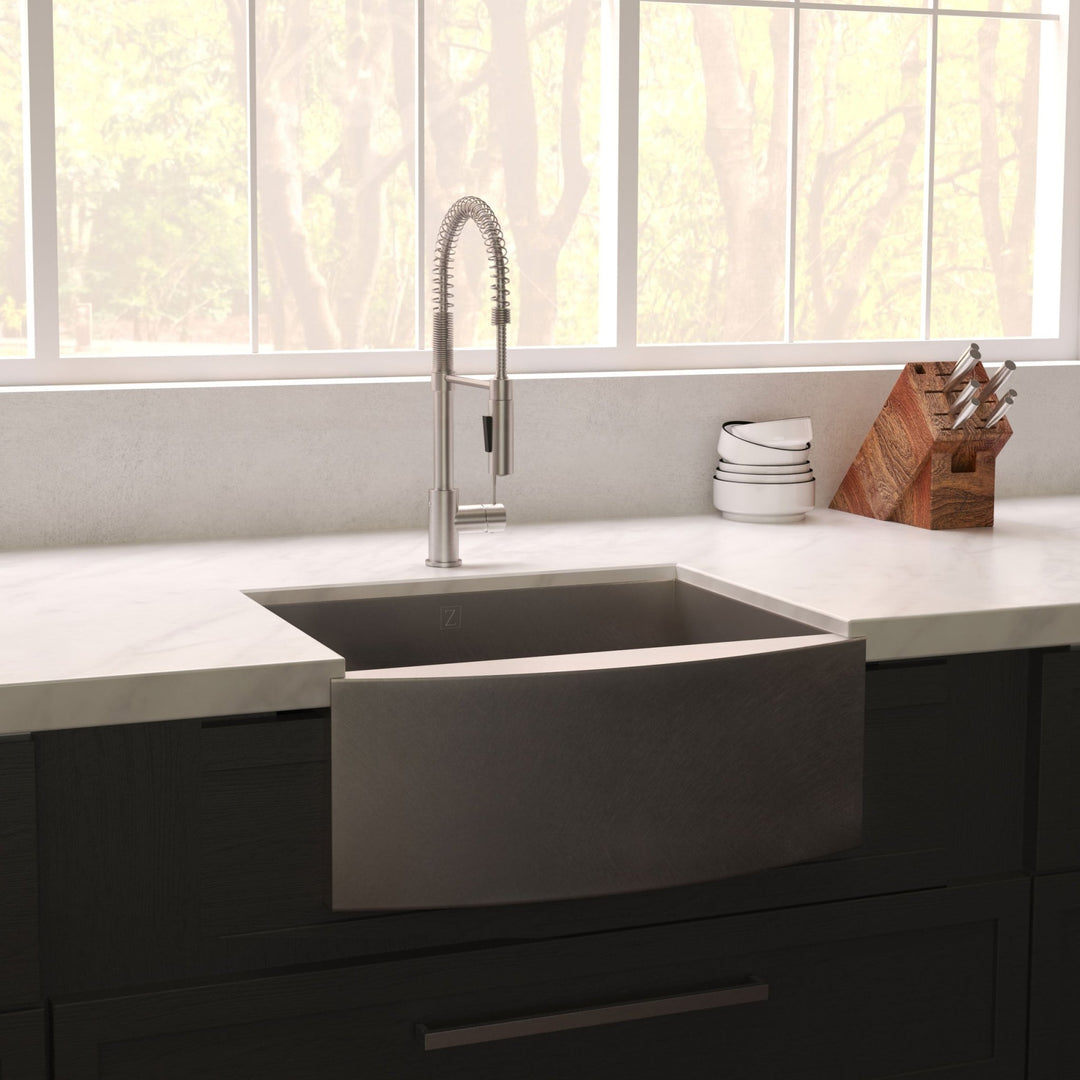 ZLINE 33 in. Vail Farmhouse Apron Mount Single Bowl Satin Stainless Steel Kitchen Sink with Bottom Grid (SAS-33S)
