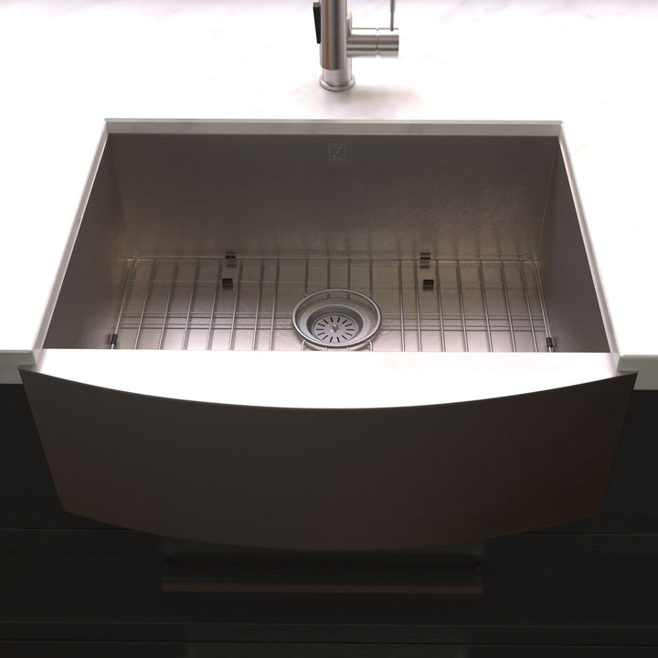 ZLINE 33 in. Vail Farmhouse Apron Mount Single Bowl Satin Stainless Steel Kitchen Sink with Bottom Grid (SAS-33S)