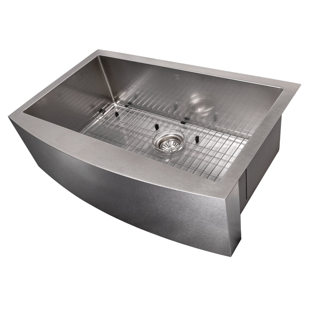 ZLINE 33 in. Vail Farmhouse Apron Mount Single Bowl Satin Stainless Steel Kitchen Sink with Bottom Grid (SAS-33S)