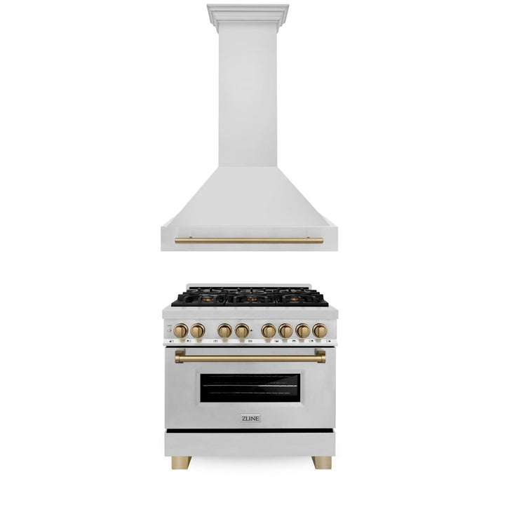 ZLINE 36" Autograph Edition Kitchen Package with Stainless Steel Dual Fuel Range and Range Hood with Champagne Bronze Accents (2AKP-RARH36-CB)