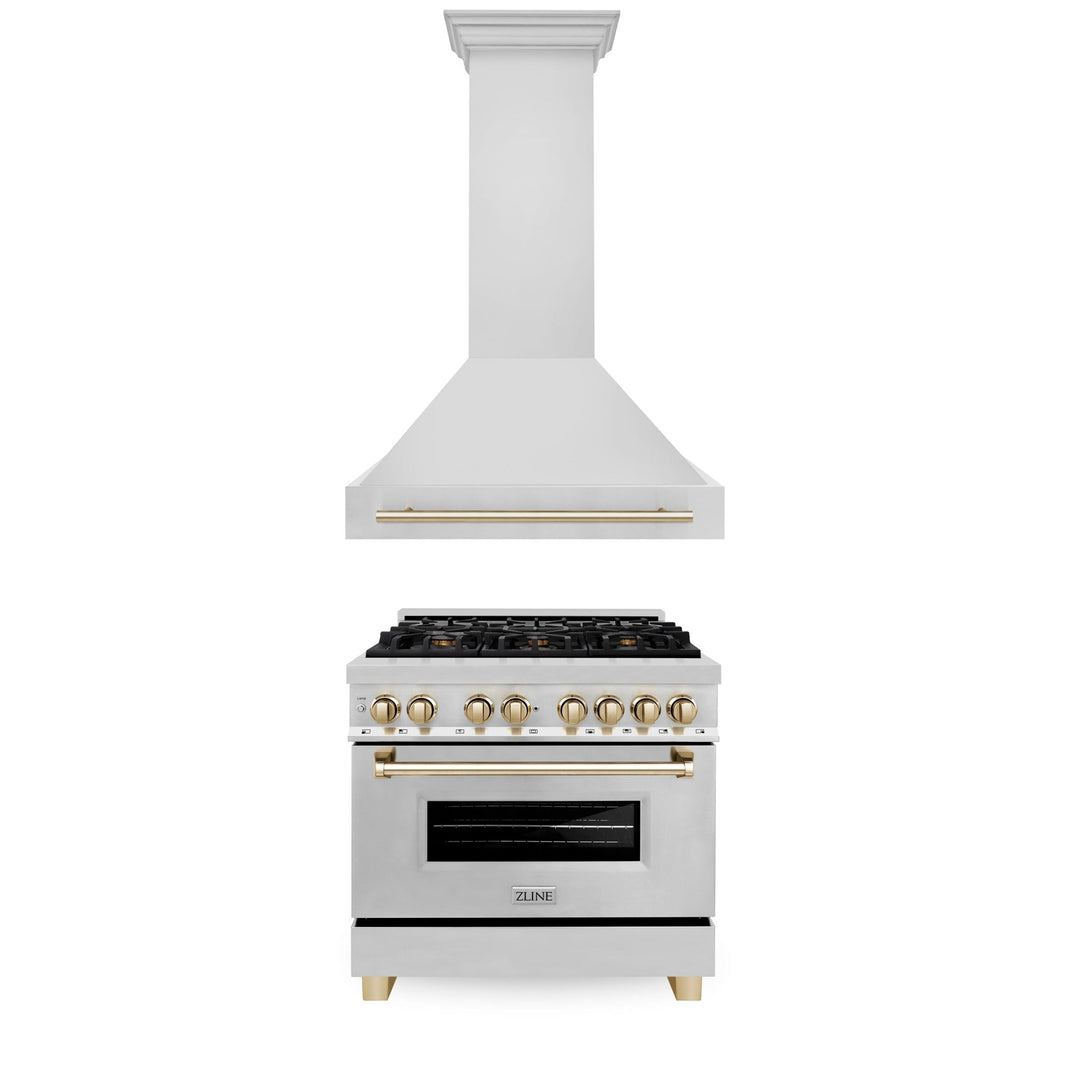 ZLINE 36" Autograph Edition Kitchen Package with Stainless Steel Dual Fuel Range and Range Hood with Polished Gold  Accents (2AKP-RARH36-G)