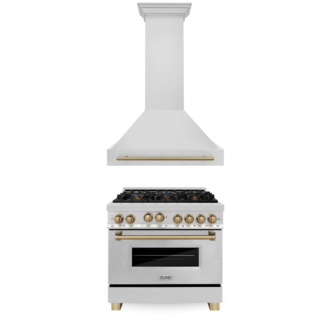 ZLINE 36" Autograph Edition Kitchen Package with Stainless Steel Gas Range and Range Hood with Champagne Bronze Accents (2AKP-RGRH36-CB)