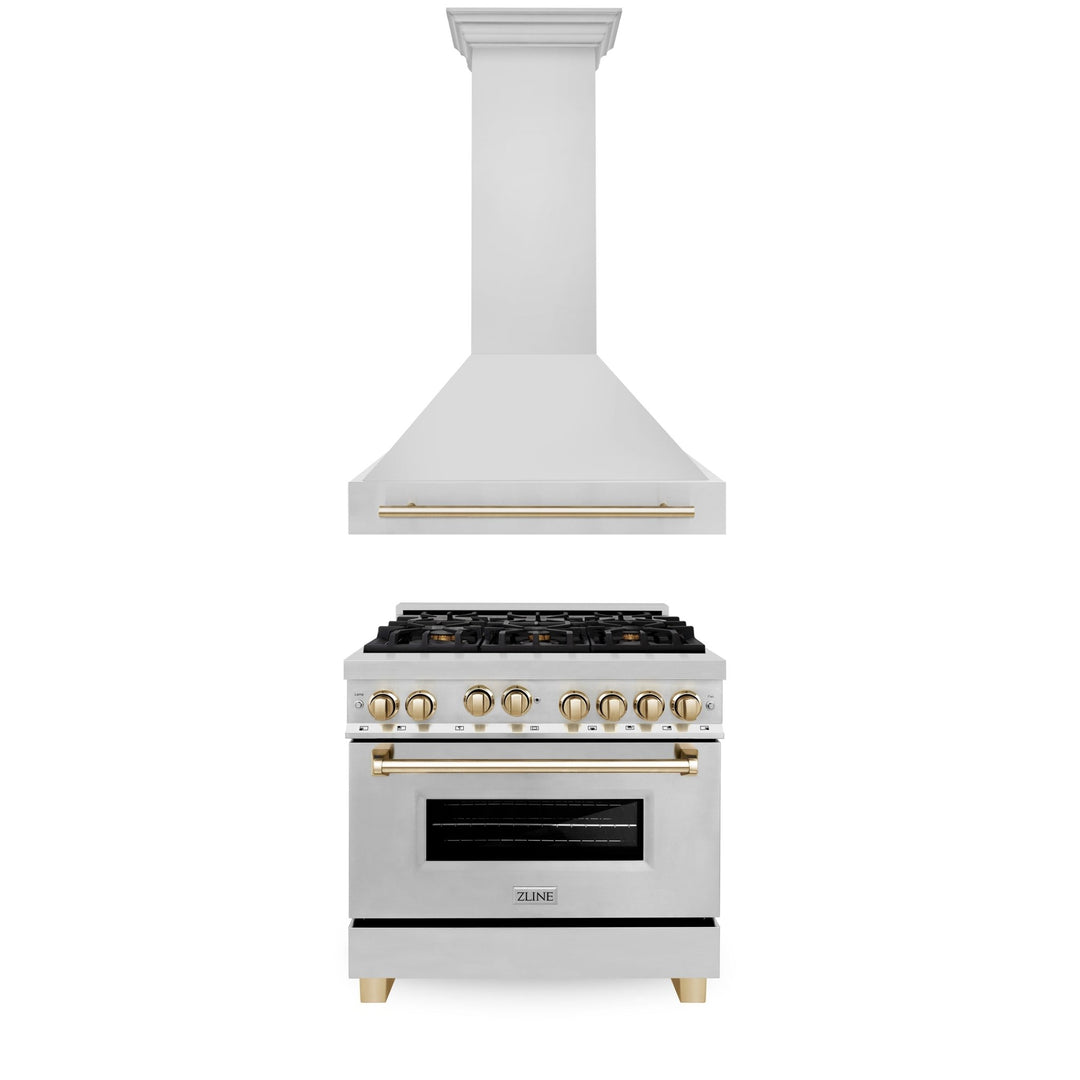 ZLINE 36" Autograph Edition Kitchen Package with Stainless Steel Gas Range and Range Hood with Polished Gold  Accents (2AKP-RGRH36-G)