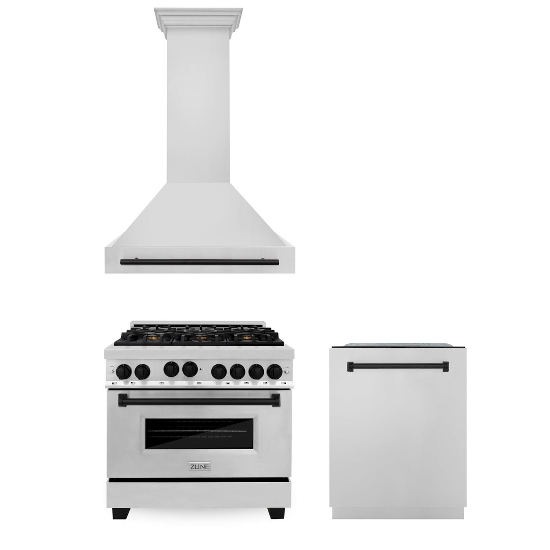 ZLINE 36" Autograph Edition Kitchen Package with Stainless Steel Gas Range, Range Hood and Dishwasher with Matte Black Accents (3AKP-RGRHDWM36-MB)