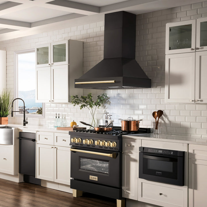 ZLINE 36" Black Stainless Steel Range Hood with Polished Gold Handle (BS655Z-36-G)