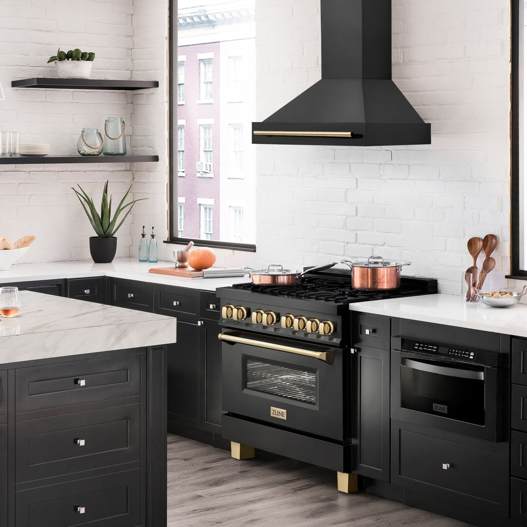 ZLINE 36" Black Stainless Steel Range Hood with Polished Gold Handle (BS655Z-36-G)
