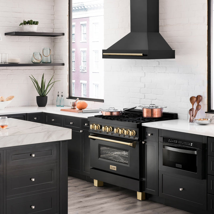 ZLINE 36" Black Stainless Steel Range Hood with Polished Gold Handle (BS655Z-36-G)