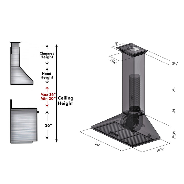 ZLINE 36" Convertible Vent Convertible Vent Wall Mount Range Hood in Stainless Steel with Crown Molding (KL2CRN-36)