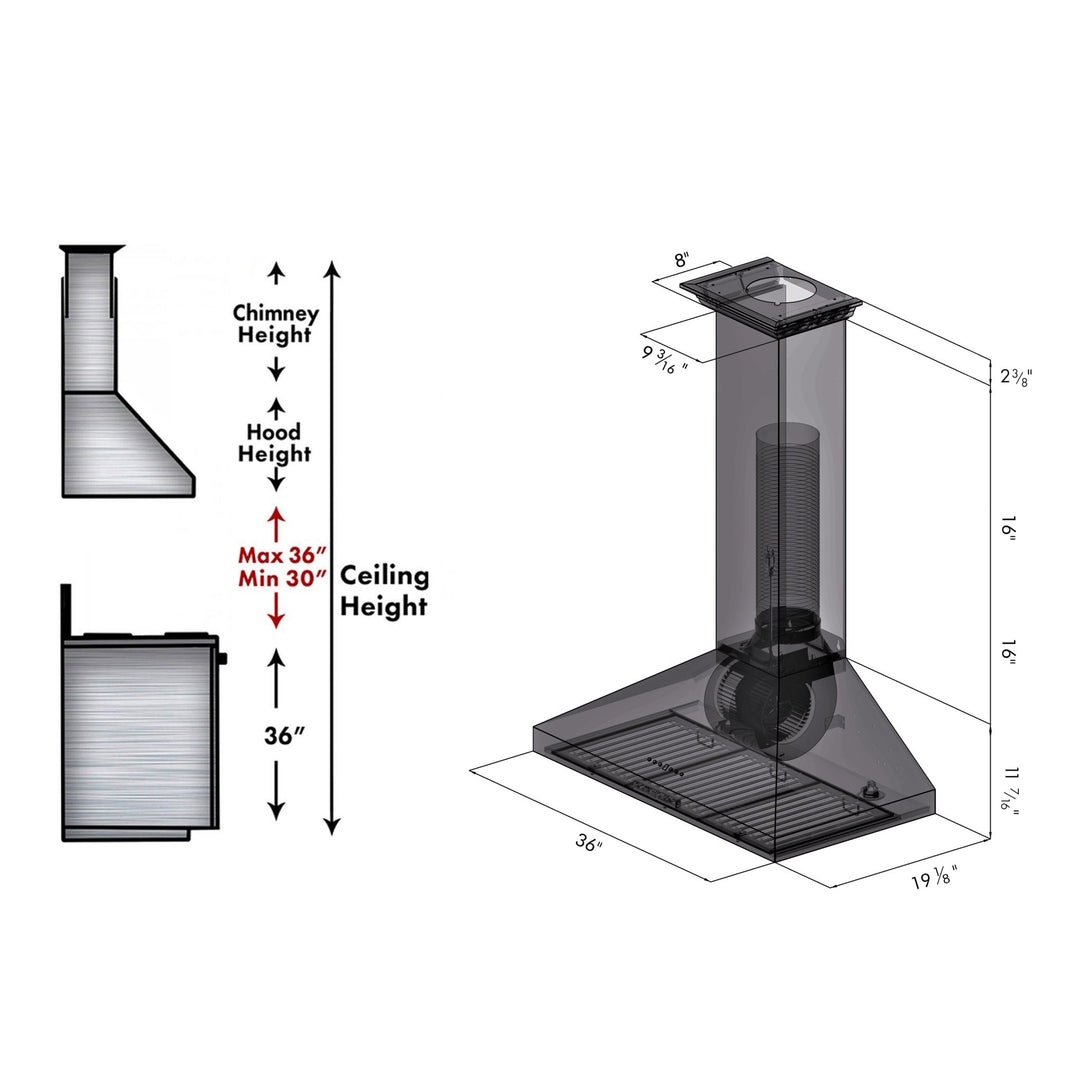 ZLINE 36" Convertible Vent Convertible Vent Wall Mount Range Hood in Stainless Steel with Crown Molding (KL3CRN-36)