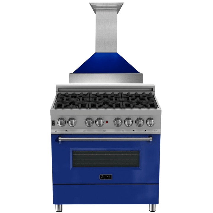 ZLINE 36" Dual Fuel Range in DuraSnow® with Blue Gloss Door & 36" Range Hood Appliance Package, 2KP-RASBGRH36