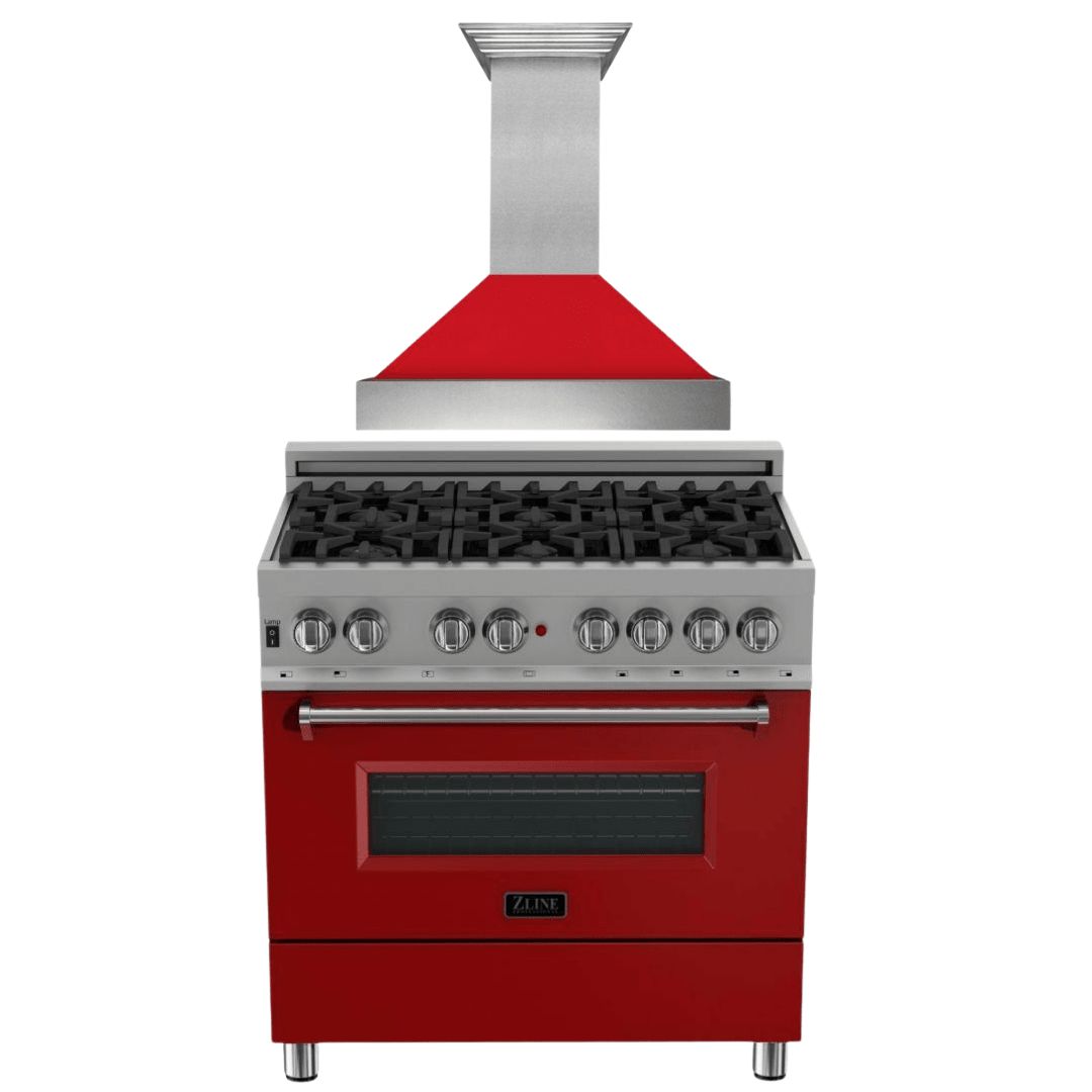 ZLINE 36" Dual Fuel Range in DuraSnow® with Red Matte Door & 36" Range Hood Appliance Package, 2KP-RASRMRH36