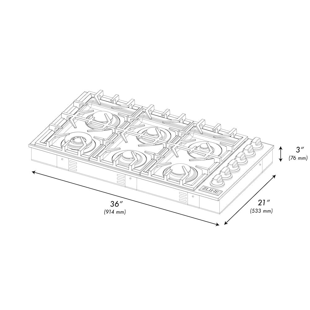 ZLINE 36" Gas Cooktop with 6 Gas Burners and Black Porcelain Top (RC36-PBT)